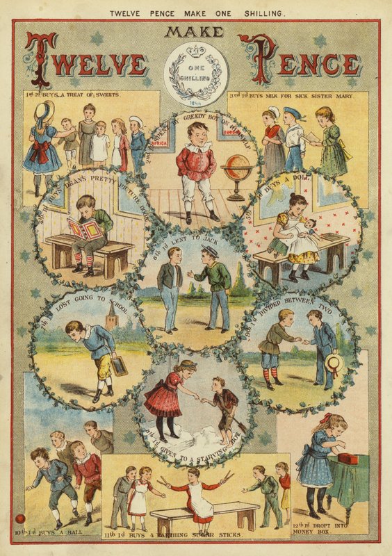 Dvanáct pencí tvoří jeden šilink (chromolitho) od English School