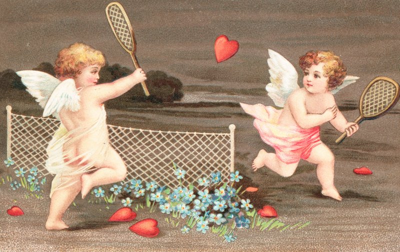 Dva cherubové hrají tenis se srdcem pro míč od English School