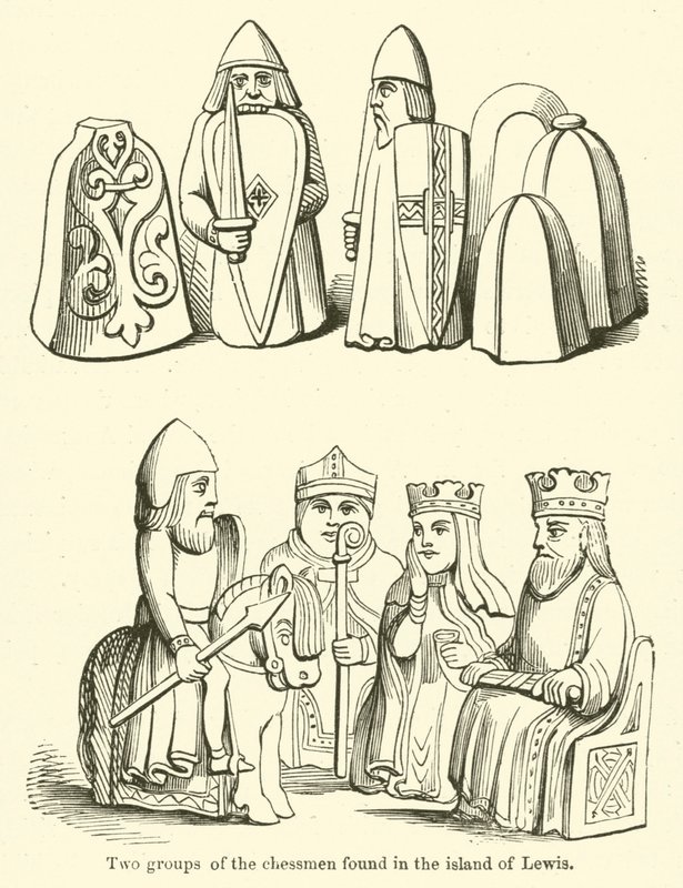 Dvě skupiny figurínů nalezených na ostrově Lewis (rytina) od English School