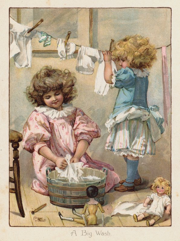 Dvě malé holčičky perou oblečení pro své panenky (chromolitho) od English School