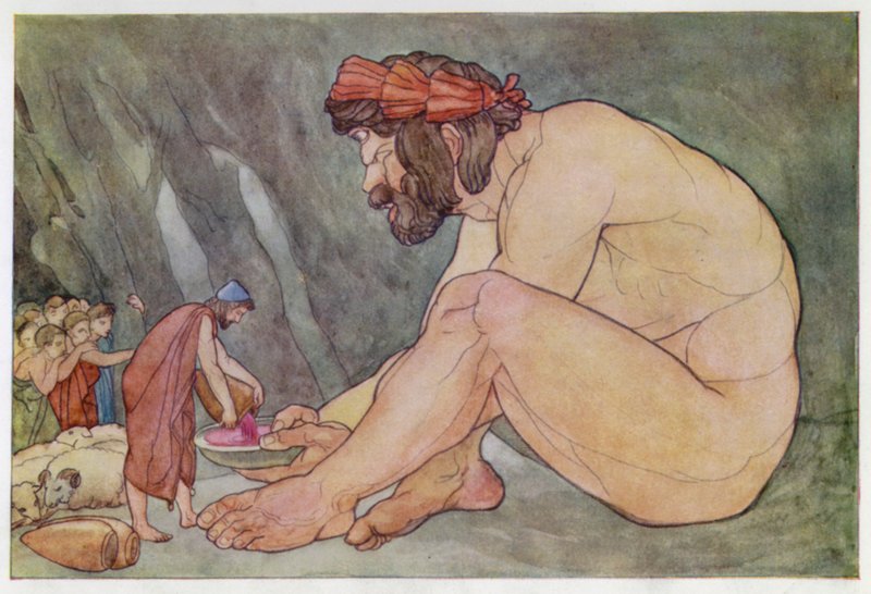 Odysseus dává víno Kyklopům (barva litho) od English School