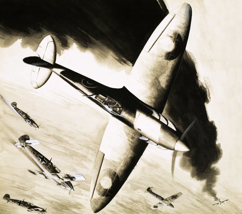 Neidentifikovaný Spitfire v souboji s německými stíhači od English School