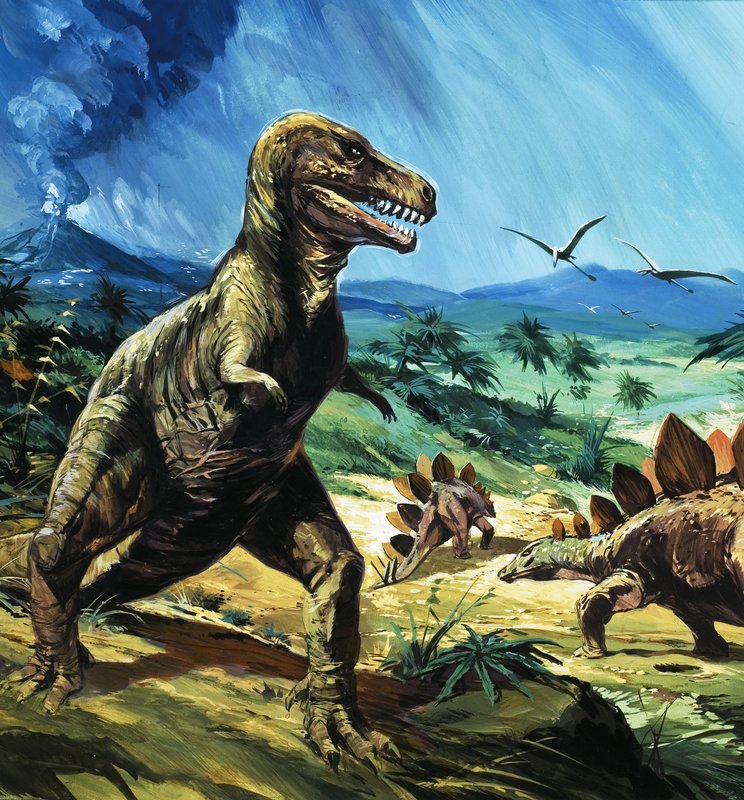 Neidentifikovaná dinosauří scéna s T-Rexem a Stegosaurem od English School