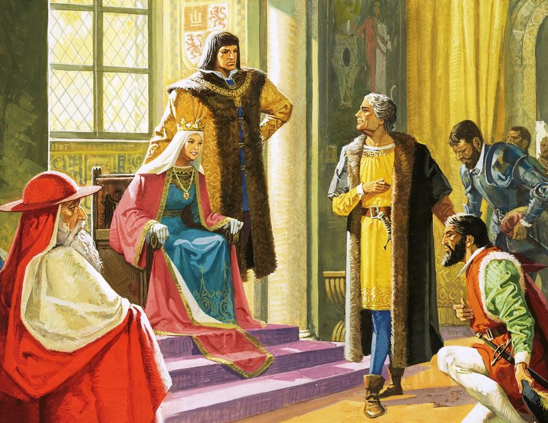 Neznámá scéna s mužem klečícím před královnou a jejími dvořany od English School