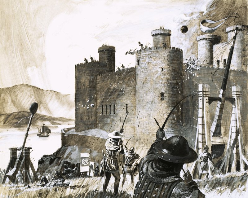 Neznámé obléhání hradu pomocí trebuchetu od English School