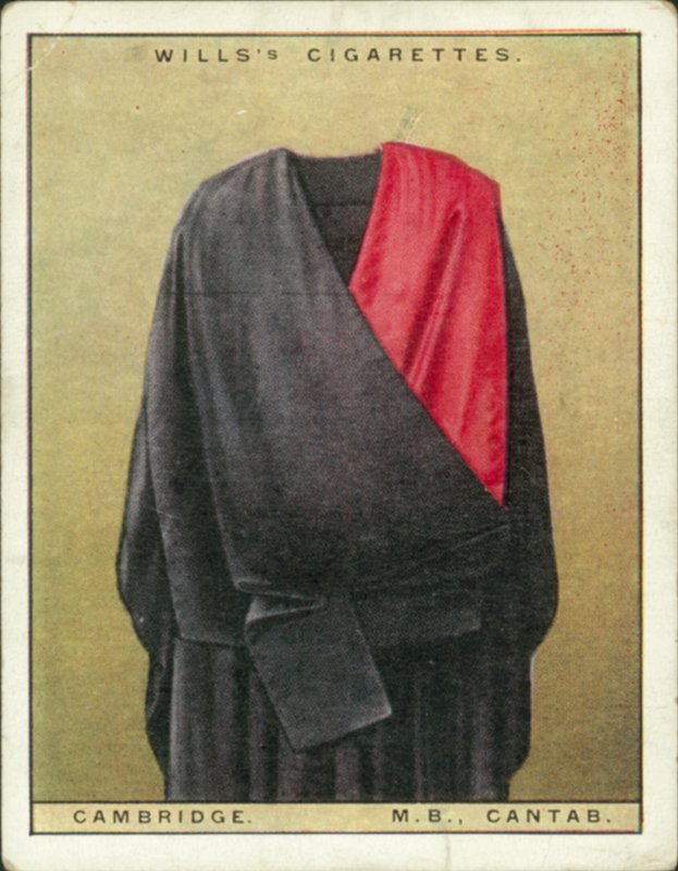 Univerzitní kapuce a taláry: (barevná litografie): Univerzita Cambridge, bakalář medicíny, MB, Cantab (barevná litografie) od English School