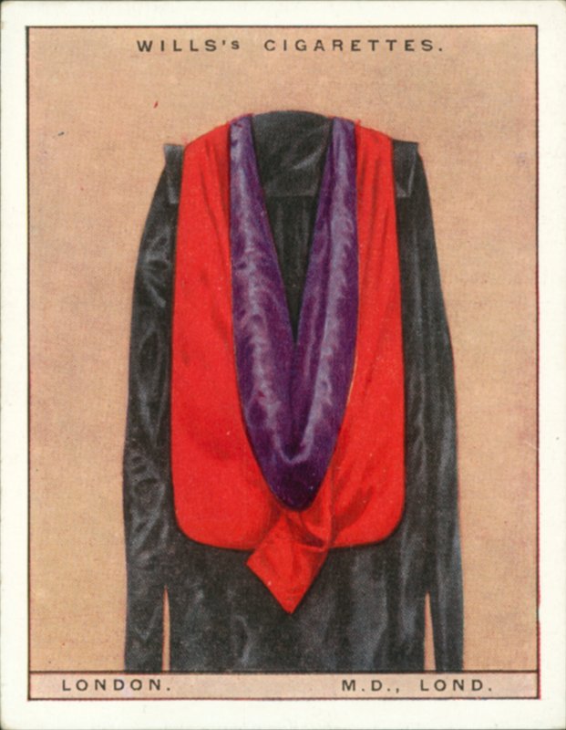 Univerzitní kapuce a taláry: (barevná litografie): London University, Doctor of Medicine, MD, Lond (barevná litografie) od English School