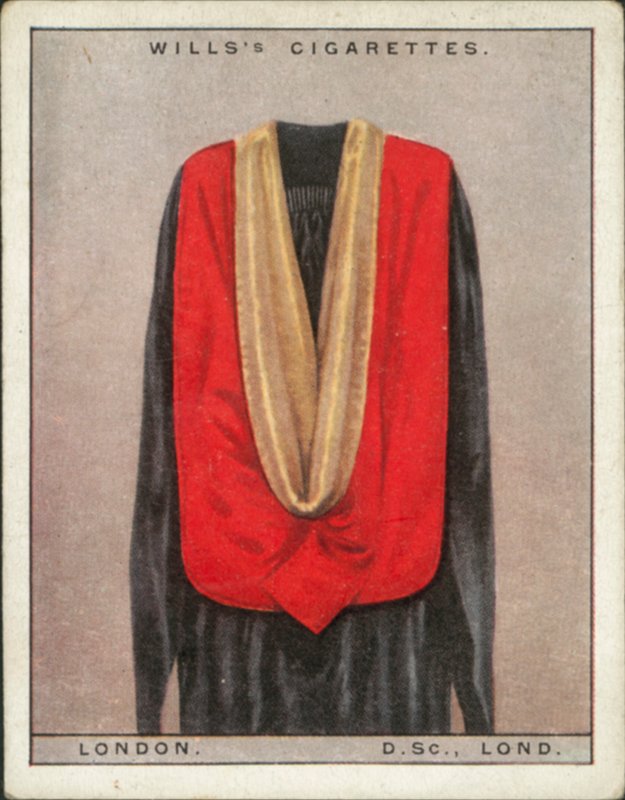 Univerzitní kapuce a taláry: (barevná litografie): London University, Doctor of Science, DSc, Lond (barevná litografie) od English School