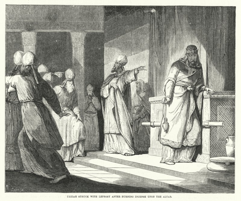Uzziah udeřil malomocenstvím poté, co zapálil kadidlo na oltáři (rytina) od English School