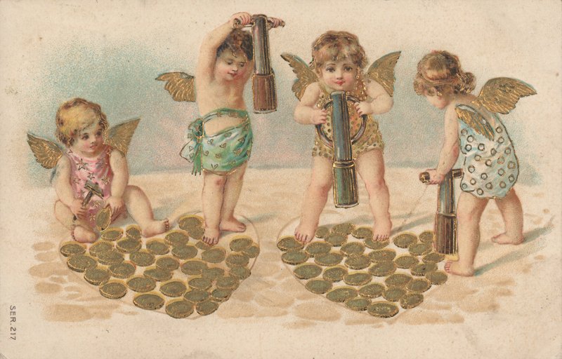 Valentýnské přání, putti razítkování srdce od English School