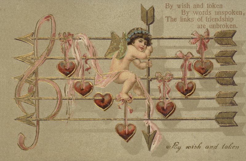 Valentines card, zahrnující Cupid, šíp a hudební skóre od English School