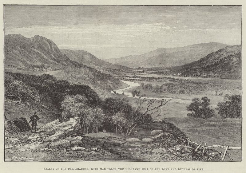 Údolí Dee, Braemar, s Mar Lodge, sídlo vévody a vévodkyně z Fife na Vysočině (rytina) od English School