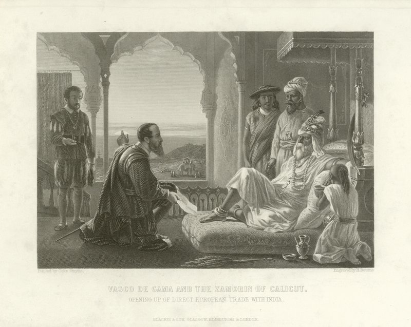 Vasco da Gama a Zamorin z Calicut, 1498 od English School
