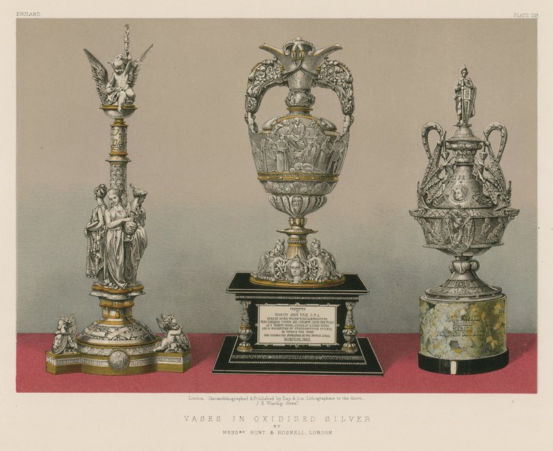 Vázy z oxidovaného stříbra od firmy Messrs Hunt and Roskell, Londýn (chromolit) od English School