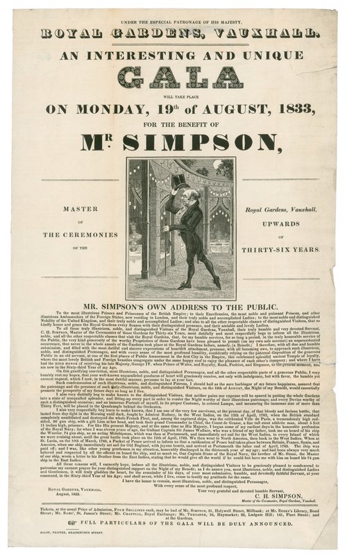 Vauxhall Gardens, Benefit pro pana Simpsona, 19. srpna 1833 od English School