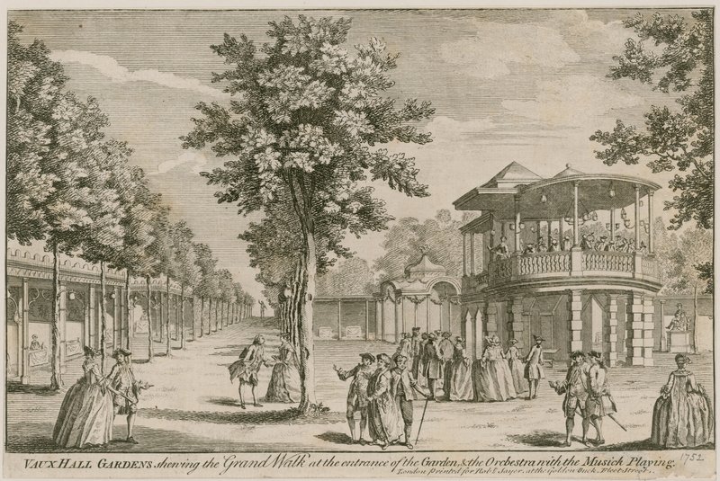 Vauxhall Gardens, Londýn, ukazující Grand Walk u vchodu do zahrady a orchestr s hrající hudbou od English School