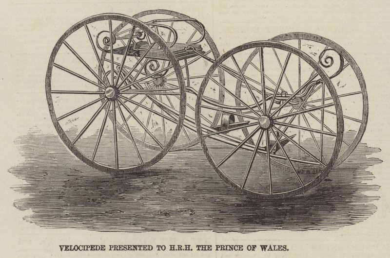 Velocipede představený HRH princi z Walesu (rytina) od English School