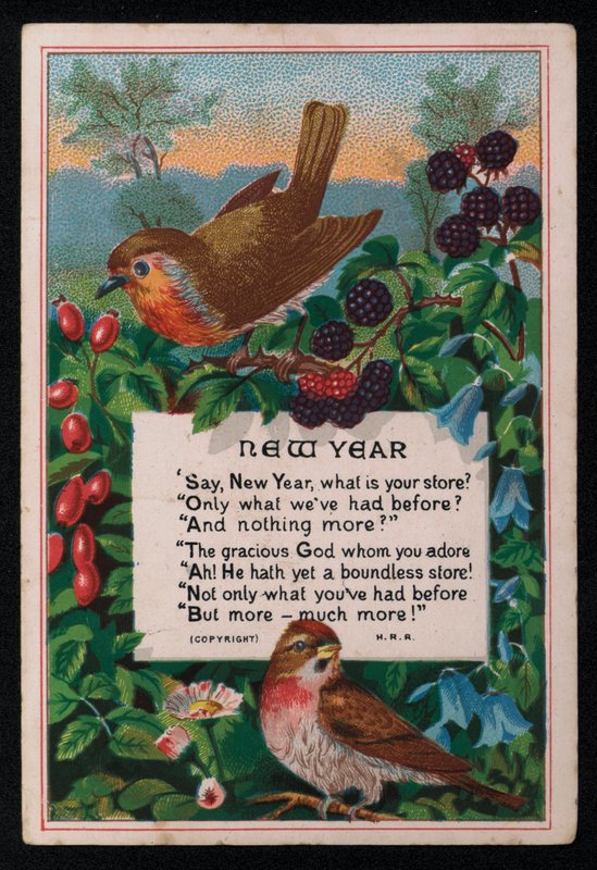 Verše, bobule a ptáci, novoroční přání. (chromolitho) od English School