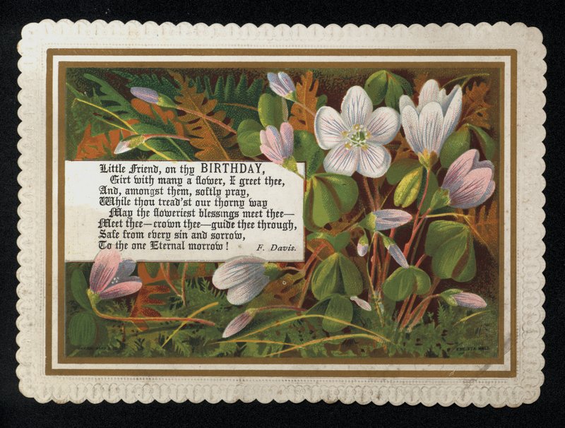 Verš od F Davise a květiny, blahopřání k narozeninám (chromolitho) od English School