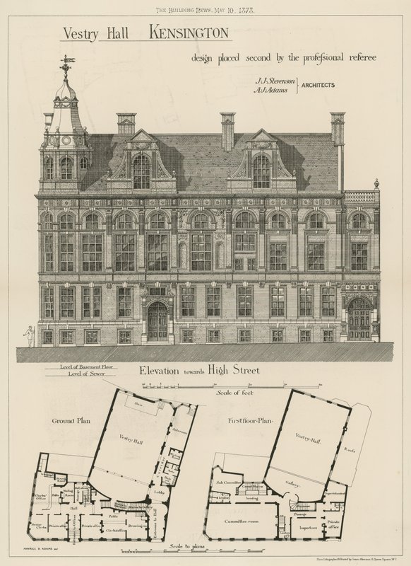 Vestry Hall, Kensington, design umístěný na druhém místě profesionálním rozhodčím od English School