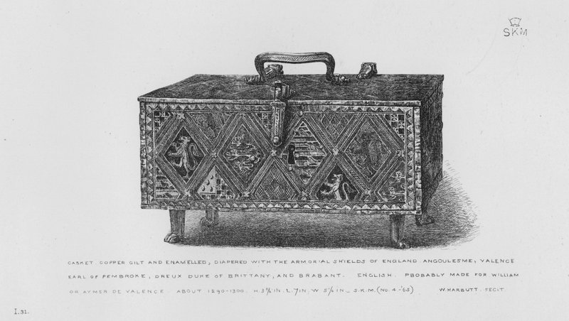 Muzeum Viktorie a Alberta: Rakev, měděná zlacená a smaltovaná, plenková s Armorial Shields z Anglie, Angoulesme, Valence, hraběte z Pembroke, Dreux vévody z Bretaně a Brabantu, anglicky, pravděpodobně vyrobená pro Williama nebo Aymera de Valence, asi 1290- od English School