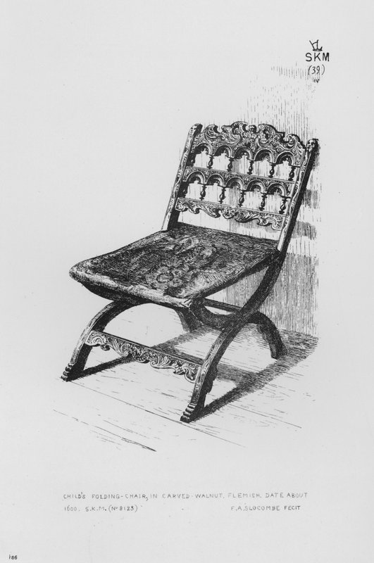 Victoria And Albert Museum: Dětská skládací židle, vyřezávaný ořech, vlámský, datum kolem roku 1600 (rytina) od English School