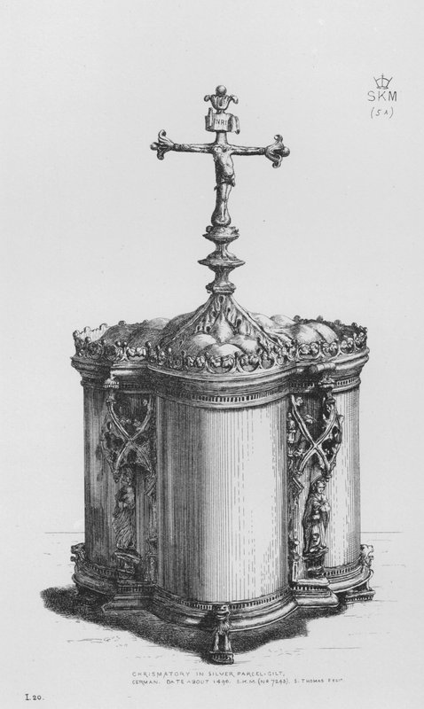 Victoria And Albert Museum: Chrismatory ve stříbrném balíku zlacené, německy, datum asi 1490 (rytina) od English School