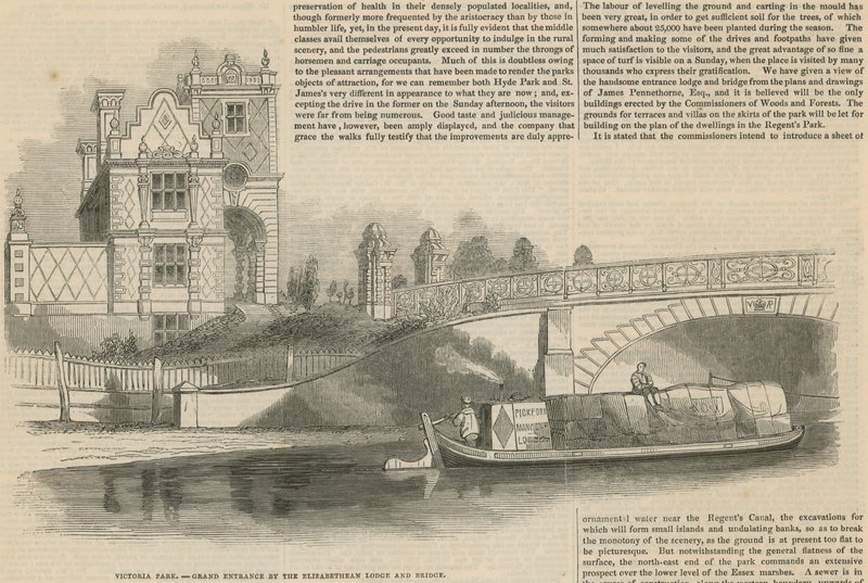 Victoria Park, Velký vchod u mostu Elizabethan Lodge Bridge od English School