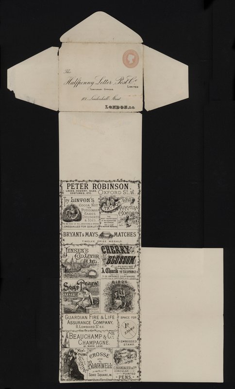 Viktoriánské poštovní celiny od Halfpenny Letter Post Company, Leadenhall Street, Londýn (litho) od English School