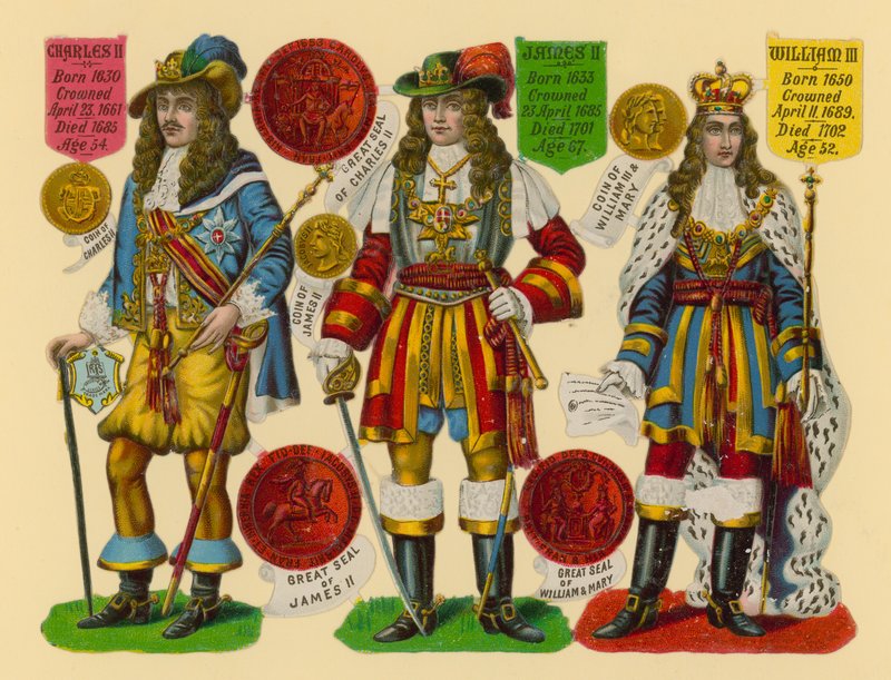 Viktoriánský šrot: Král Karel II., král Jakub II., král Vilém III. od English School