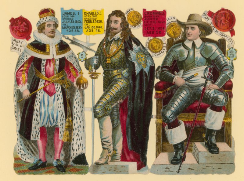 Viktoriánský šrot: král Jakub I., král Karel I., Oliver Cromwell od English School