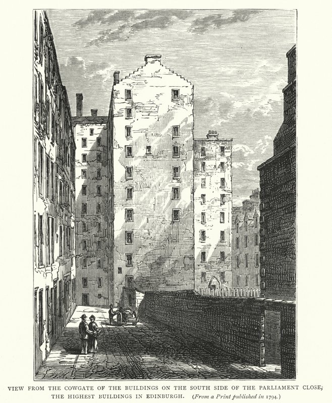 Pohled z Cowgate budov na jižní straně parlamentu Close, nejvyšší budovy v Edinburghu (rytina) od English School