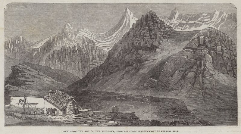 Pohled z vrcholu Faulhornu z Burfordova panoramatu Bernských Alp (rytina) od English School