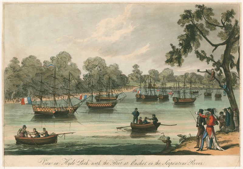Pohled v Hyde Parku s flotilou v Anchor na Serpentine River. Naumachia. Mír 1814 (barevná rytina) od English School