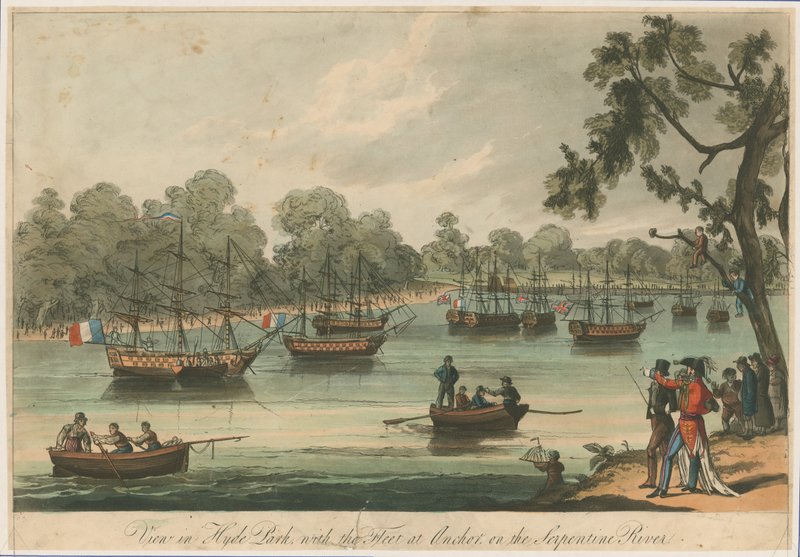 Pohled v Hyde Parku s flotilou v Anchor na Serpentine River. Naumachia. Mír z roku 1814 od English School