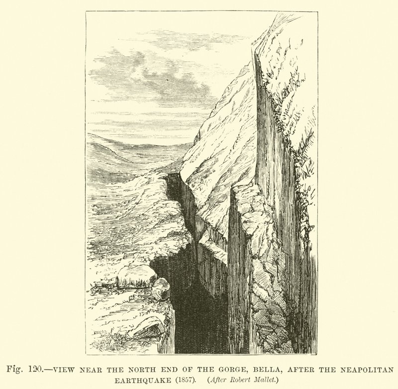 Pohled poblíž severního konce soutěsky, Bella, po neapolském zemětřesení, 1857 od English School