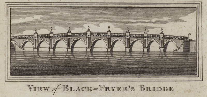 Pohled na Blackfriars Bridge, Londýn (rytina) od English School