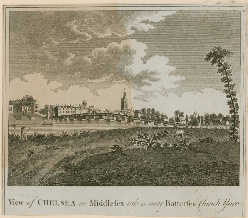 Pohled na Chelsea v Middlesexu pořízený poblíž Battersea Church Yard od English School