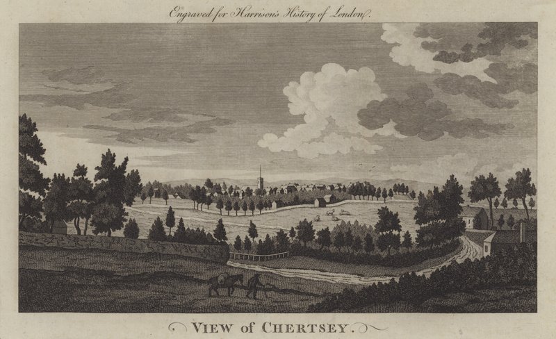 Pohled na Chertsey, Surrey (rytina) od English School