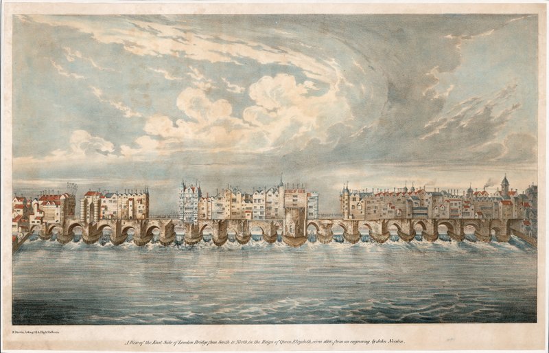 Pohled na East Side Old London Bridge za vlády královny Alžběty I od English School