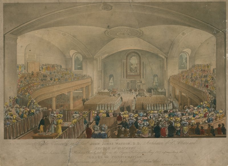 Pohled na kostel Hackney převzatý z varhanní galerie v květnu 1827 od English School
