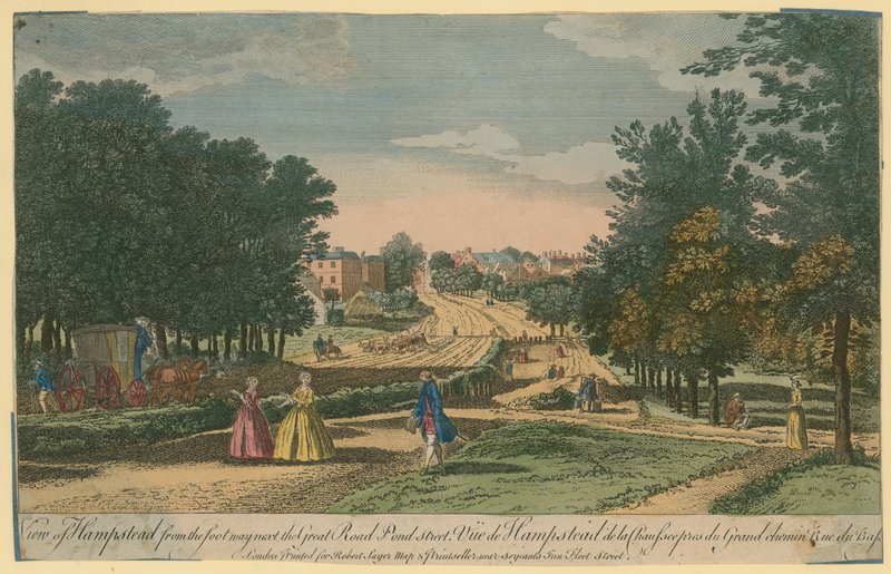 Pohled na Hampstead z chodníku vedle Great Road, Pond Street od English School