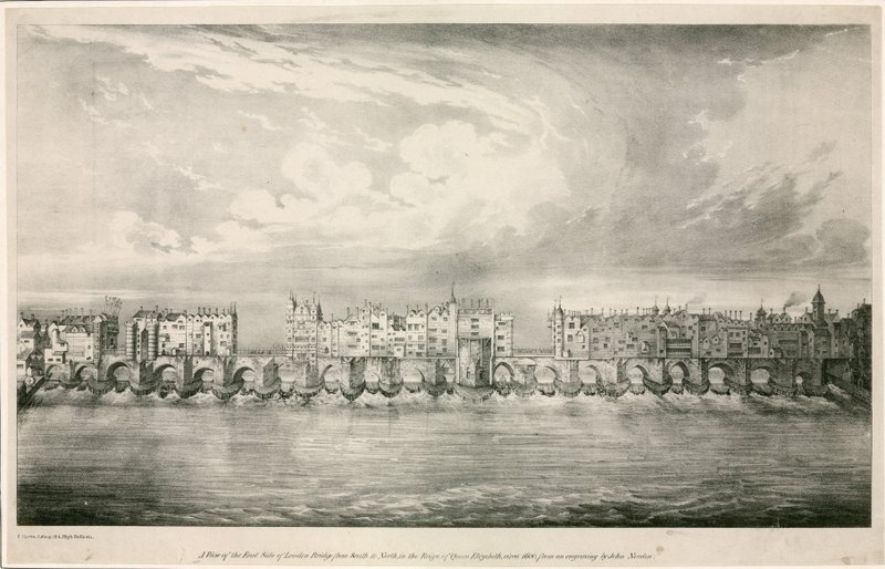 Pohled na Old London Bridge jako za vlády královny Alžběty I od English School
