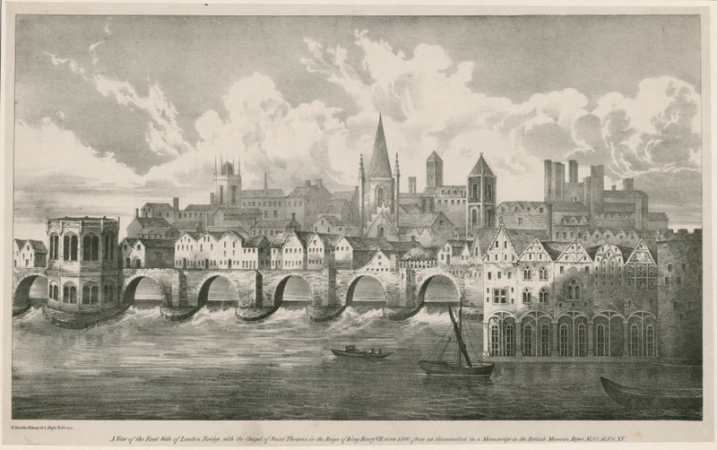 Pohled na Old London Bridge jako za vlády krále Jindřicha VII., kolem roku 1500 od English School
