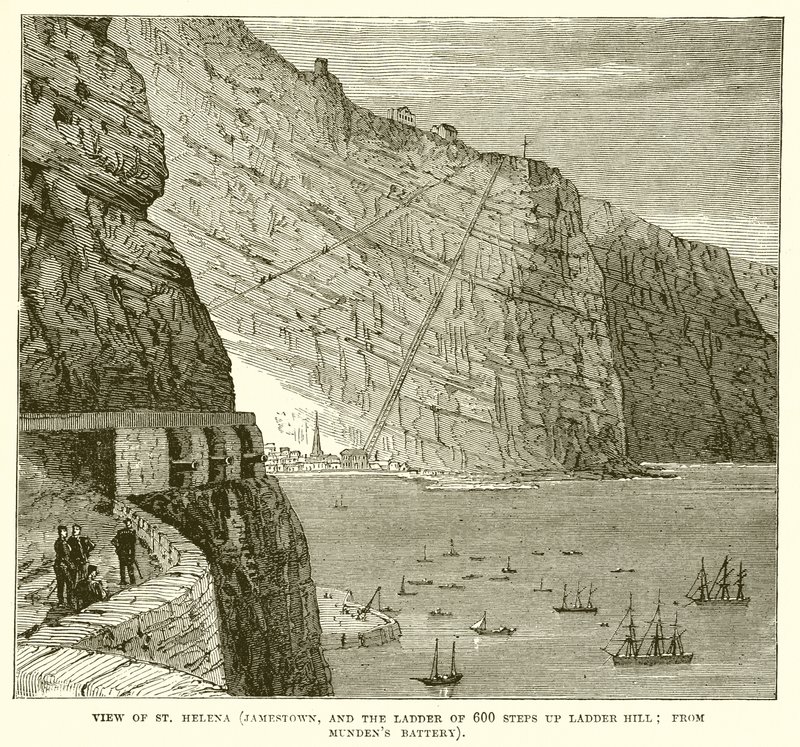 Pohled na Svatou Helenu (Jamestown a žebřík 600 schodů do kopce Ladder Hill; z baterie Mundens) od English School