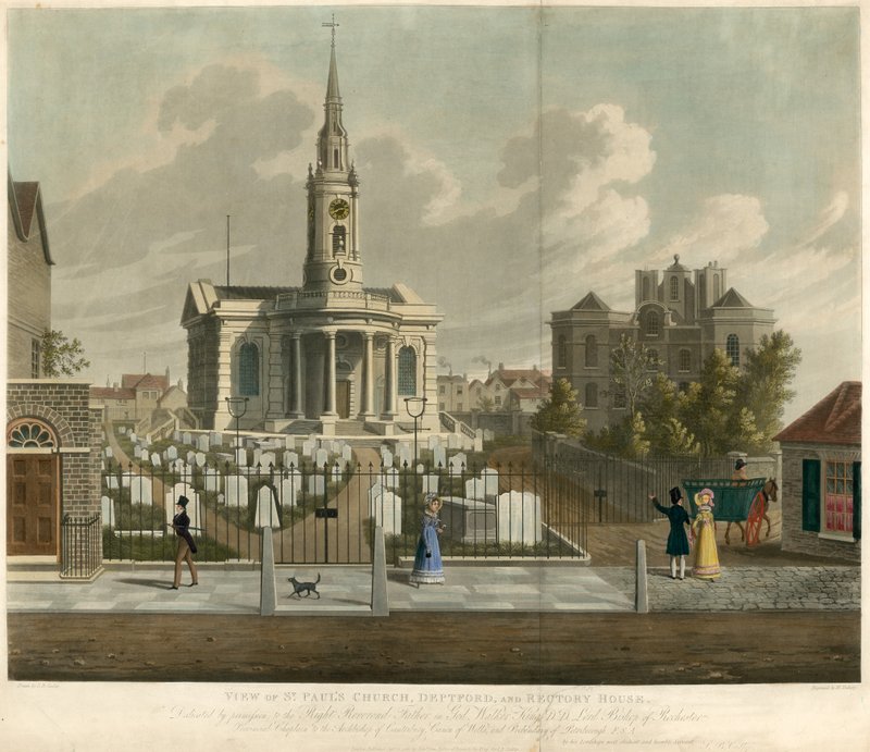Pohled na St Pauls Church, Deptford, Londýn a Rectory House od English School