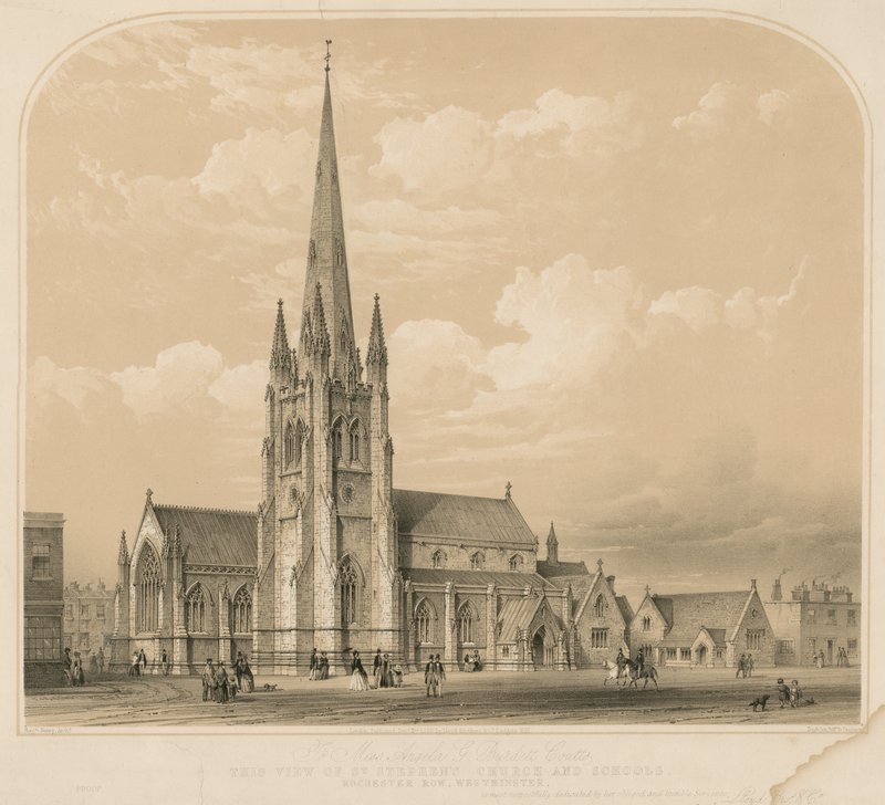 Pohled na St Stephens Church a školy, Rochester Row, Westminster od English School