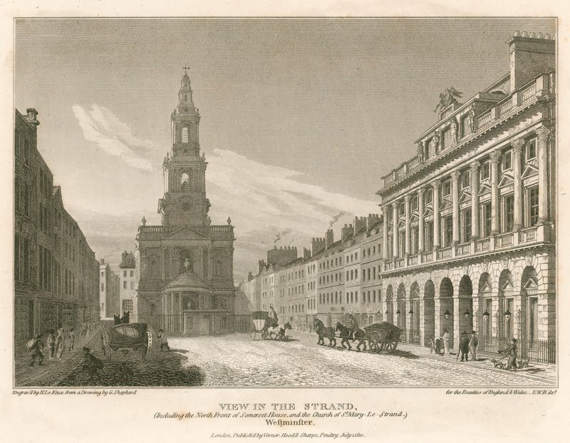 Pohled na The Strand, včetně severní přední části Somerset House a kostel St Mary-Le-Strand, Westminster, Londýn od English School