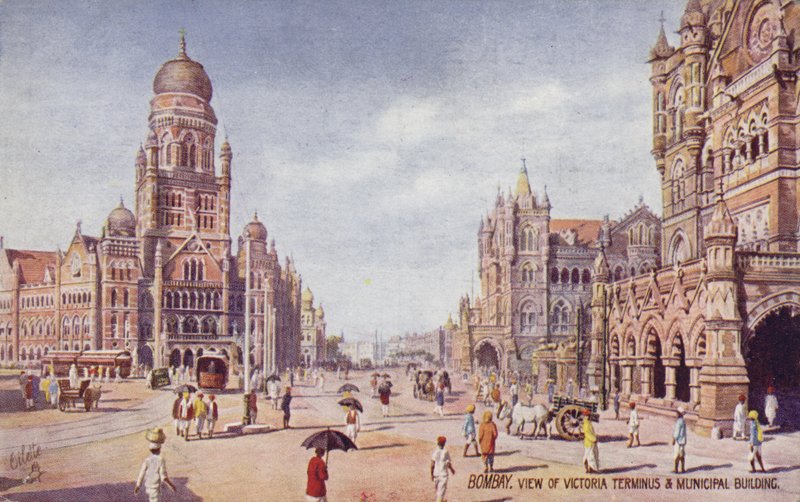 Pohled na Victoria Terminus  Municipal Building, Bombaj (barevná litografie) od English School