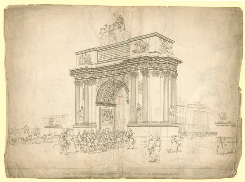 Pohled na vítězný oblouk navržený k postavení v Hyde Park Corner od English School